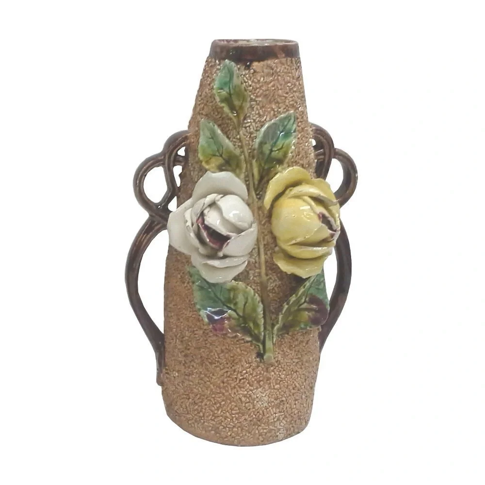 Vintage English Majolica Style Vase Ceramic Yellow White Rose Brown Sandstone - Picture 1 of 4